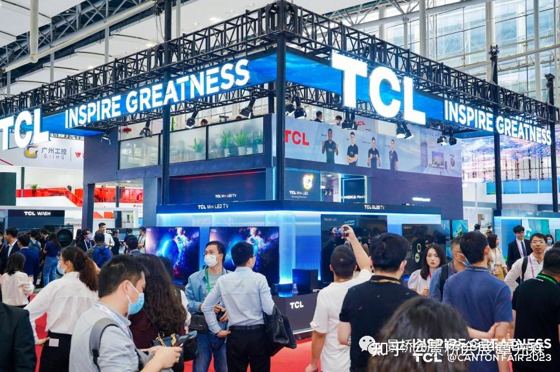 TCL; INSPIRE GREATNESS; TCL Mini LED TV; TCL QLED TV; TCL WASH; 广州工控 GIIHG (neighbouring stand) booth — CANTON FAIR 2023 / 第133届广交会