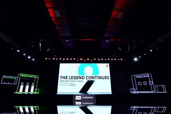 mi XIAOMI (stage-front lightbox), Redmi Note 9 / Redmi Note 9 Pro, Mi Note 10 Lite (side neon-outline displays), mi logo on screen booth — Redmi Note 9 Series is coming! April 30, 2020 | 20:00 GMT+8 Online Launch Event